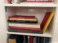 White bookshelf containing various art and history books stacked horizontally and vertically.