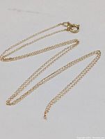 Thin 10K gold chain necklace laid out with a spring ring clasp visible.
