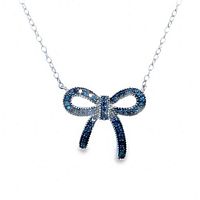 Front view of the Tiffany inspired blue diamond love bow necklace in Italian sterling silver, showing the blue stones and silver chain clearly.