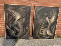 Both canvases leaning against a brick wall showing entire diptych and muted abstract composition.