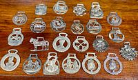 Photo showing entire collection of 22 vintage horse brass medallions in various shapes and designs, arranged on wooden surface.