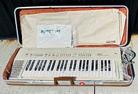 Wide shot showing Yamaha PS-20 keyboard inside the carry case with power cord and manual visible.