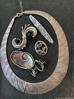 Full view of necklace and all pins and earrings arranged on black background