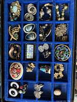Full display of vintage jewelry lot in blue velvet box showing various pins, earrings, and a bracelet, organized in separate compartments.