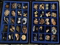 Full overview of two jewelry trays showing all 43 vintage pieces with varied designs and materials.