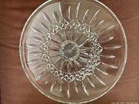 Top view showing the intricate cut pattern on the Waterford crystal cake stand surface.