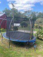Full view of the trampoline showing the round jumping area, blue padded edge, curved net support poles, and ladder on grass.