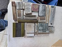 Top view of all 17 wood-mounted printing blocks laid on table