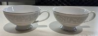 Two Imperial China tea cups with gray floral pattern and silver rim, shown side by side
