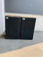 Pair of wooden Pro Linear speakers with black fabric covers seen from front.