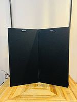 Front view of both speakers covered in black cloth with Sony logo on top