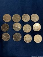 Fourteen Canadian quarters from 1999 placed on a dark surface showing different designs, mostly provincial and commemorative.