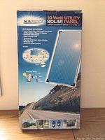 Box showing Sunforce 10 Watt Utility Solar Panel details and uses.