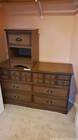 6 drawer dresser with matching night stand on top, maple style finish, metal handles