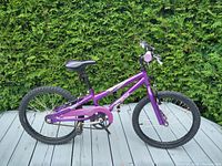 Side view of purple Norco Daisy child's bicycle showing frame, tires, and saddle.