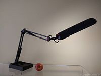 Full view of the black architect style desk lamp with adjustable arms and a catch-all base shown next to an apple for scale.