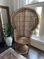 Full view of rattan wicker peacock chair showing fan back, circular seat and pedestal base
