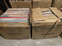 Two cardboard boxes filled with vinyl records showing various album sleeves in different colors and conditions, some are slightly worn.