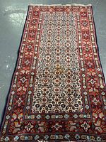 Full view of carpet laid flat on floor showing overall pattern, border, and condition