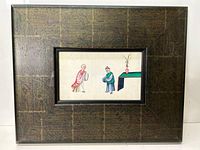 View of the full framed painting showing two traditional Chinese figures and a table with a vase and plant, in a textured dark frame.