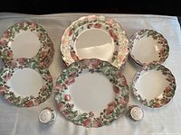 Full set of Nikko tableware: dinner plates, salad plates, bowls, salt and pepper shakers arranged on a white cloth.