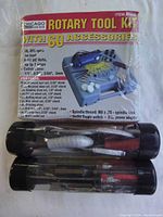 Photo of Chicago Electric Rotary Tool Kit box showing kit name, 60 accessories list, and tool image.