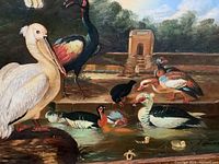 Close-up of the large oil painting showing various birds near water with a pelican in front and background trees and architecture