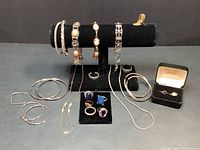 Wide view of all jewelry pieces arranged on black pad and T-bar