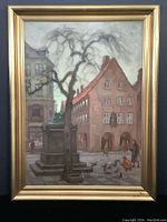 Full frontal image of the framed town square painting showing buildings, tree, stone monument, people, and pigeons in muted colors, housed in a gold painted wood frame.