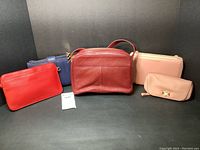 Full set of five Levenger pebbled leather purses in various colors arranged side by side.