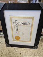 Photo of a black document frame with corner protectors and an insert showing 'DOCUMENT' text and decorative border.