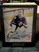 Framed hockey plaque showing Jonathan Bernier goalie in Toronto Maple Leafs uniform poised in front of goal net.