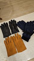 Three pairs of men's gloves: black leather Danier gloves, mustard kid leather driving gloves, and navy blue insulated winter gloves.