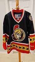 Front view of black Ottawa Senators hockey jersey with large team logo, red, white, and yellow sleeves and trim.