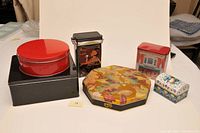 Full set of six vintage baking and coffee tins showing variety of shapes and designs