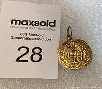 Front view with MaxSold card showing pendant dimensions and bail attachment