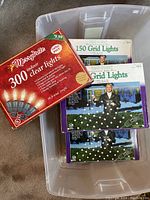 Plastic tote containing one box of MerryLite 300 indoor clear lights and three boxes of 150 clear grid lights.