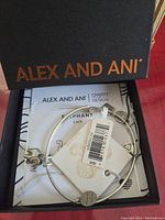 Alex and Ani silver elephant charm bracelet inside original Alex and Ani black box with branded insert card showing charm details