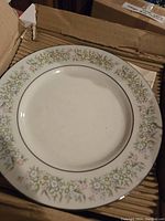 Porcelain plate showing floral pattern and green rim line indicating set design.