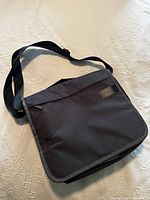 Front view of the black ResMed CPAP carrying bag showing the outer flap and shoulder strap.