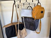 Photo shows six handbags hanging on rack, highlighting variety of styles, sizes, and colors.