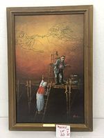 Full view of framed Michael Angelo Miracle 1976 canvas painting showing figures on ladder and scaffold with creation sketch above.