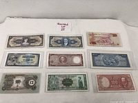 Nine assorted international paper currency notes arranged in three rows on a white surface, displaying various denominations and designs.