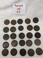 Overview photo showing twenty used foreign coins laid out flat on fabric background with MaxSold lot number 23 sign.