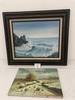 Unframed oil painting on canvas depicting a rural dirt path, trees, and buildings, with soft natural colors, placed flat.