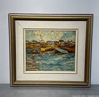 Full view of framed painting showing waterfront scene and textured brushwork