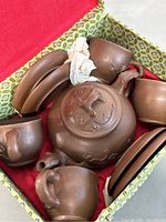 Tea set items including teapot, cups, and saucers arranged in original box