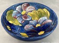 Top-down view of the round ceramic bowl showing the colorful hand-painted floral pattern in blue, purple, pink, yellow, and green on a blue background.