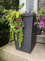Tall black resin planter loaded with live green trailing plants and purple flowers on front porch steps.