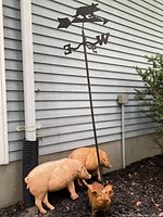 Overall lot showing two beige plastic pig figures with one cast iron flying pig figurine and the weathervane behind them